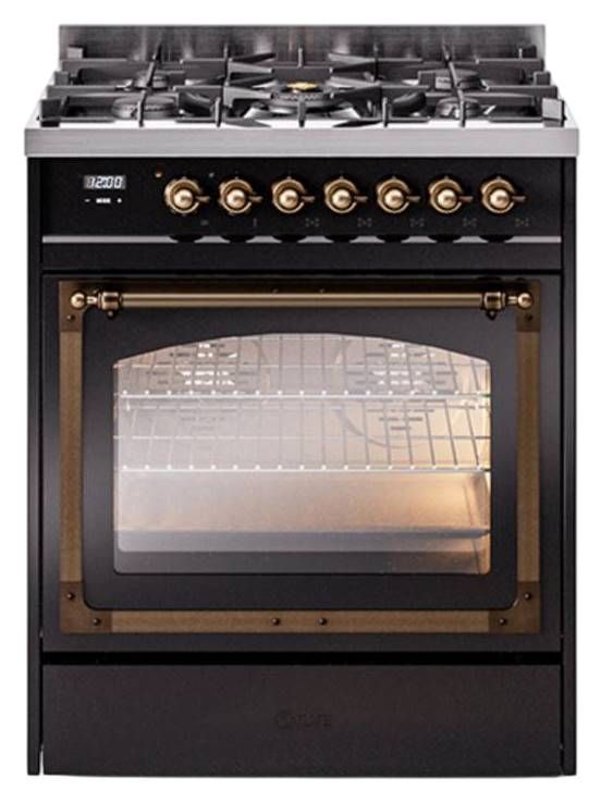 Ilve® Nostalgie II Noblesse 30" Glossy Black Pro Style Dual Fuel Range with Burnished Trim-0