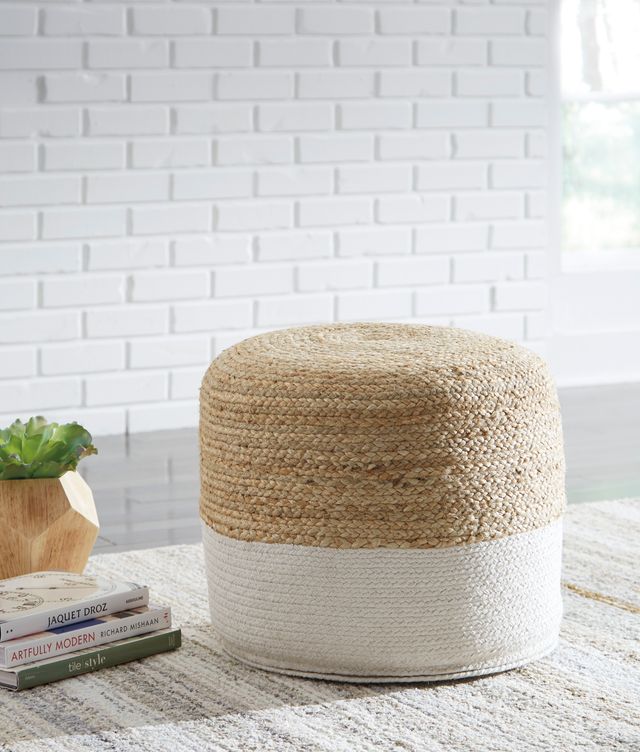 Signature Design by Ashley® Sweed Valley Natural/White Round Pouf-2
