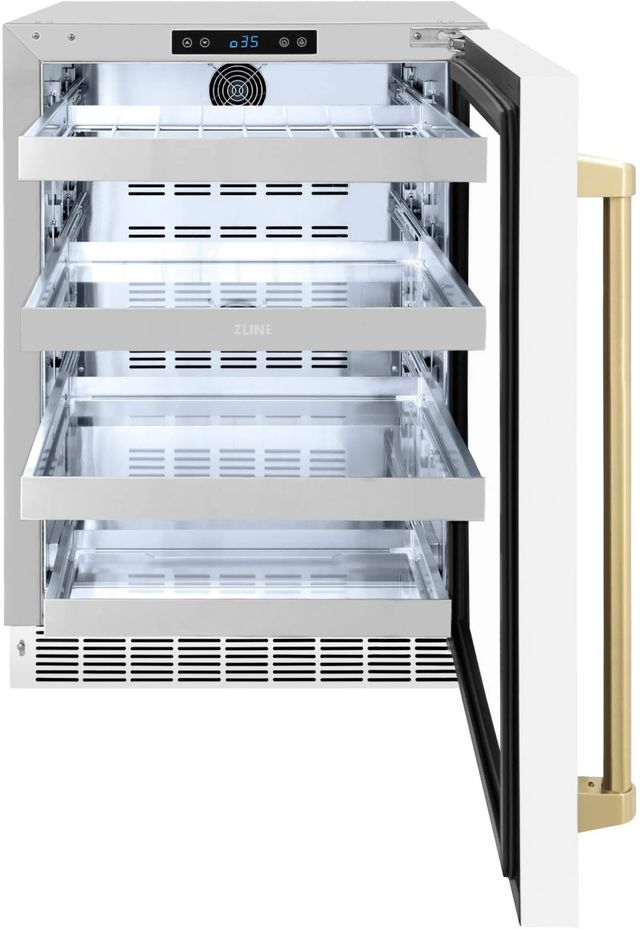 ZLINE Autograph Edition Touchstone 24" 5.2 Cu. Ft. Stainless Steel Beverage Center with White Matte Glass Door and Champagne Bronze Handle-1