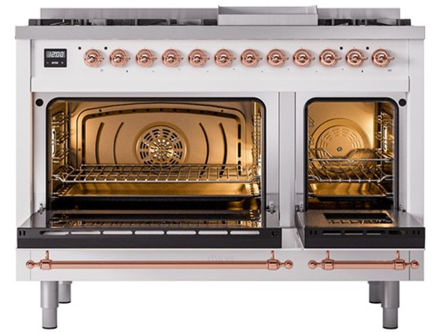 Ilve® Nostalgie II Noblesse 48'' White Pro Style Dual Fuel Range with Copper Trim-1
