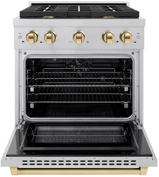 ZLINE Autograph Edition Paramount 30" Satin Stainless Steel Pro Style Dual Fuel Range with Polished Gold Accents-1