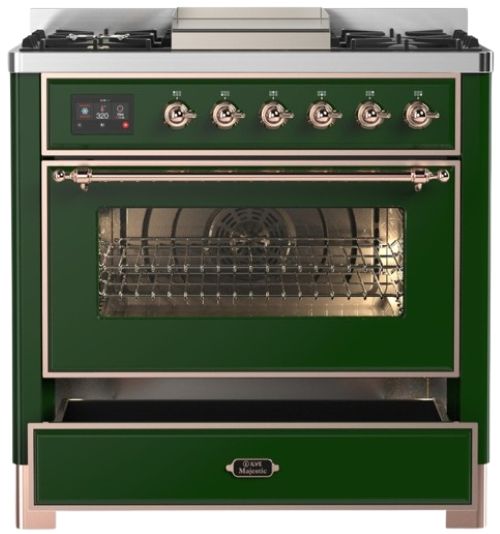 Ilve® Majestic III 36" Emerald Green Pro Style Dual Fuel Natural Gas Range with 6 Black Brass Burners and Copper Trim-2