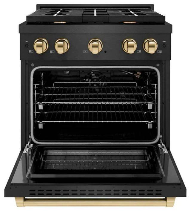 ZLINE Autograph Edition Paramount 30" Black Satin Stainless Steel/Polished Gold Gas Range with 4 Burner Cooktop and Convection Gas Oven-1