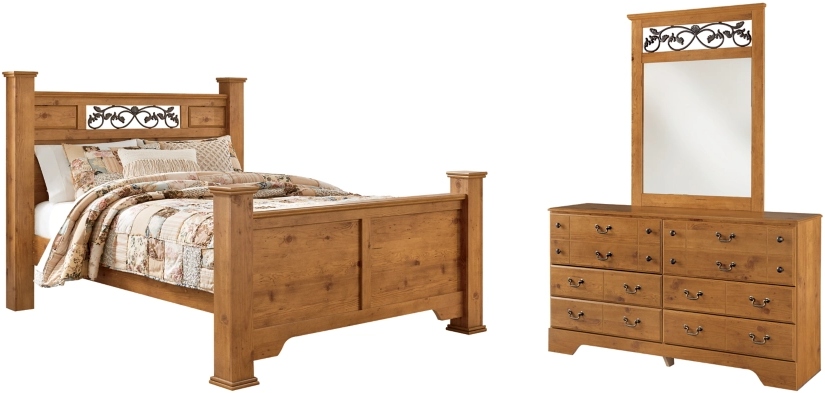 Signature Design by Ashley® Bittersweet 3-Piece Light Brown Queen Poster Bed with Mirrored Dresser Set