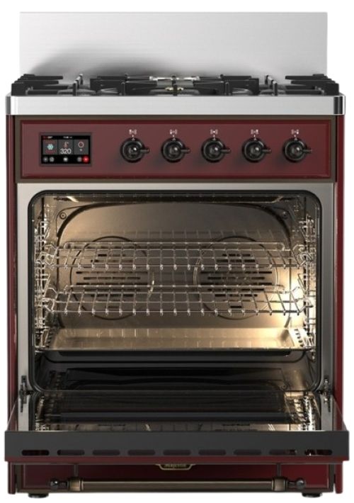 Ilve® Majestic III 30" Burgundy Pro Style Dual Fuel Liquid Propane Range with 5 Black Brass Burners and Burnished Trim-1