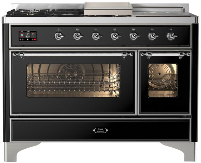 Ilve® Majestic III 48" Glossy Black Pro Style Dual Fuel Liquid Propane Range with 5 Black Brass Burners and Chrome Trim-0