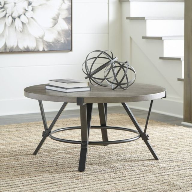Signature Design by Ashley® Zontini Light Brown Round Coffee Table with Gunmetal Base-3