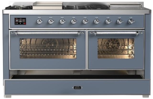 Ilve® Majestic III 60" Blue Gray Pro Style Dual Fuel Natural Gas Range with French Top and Chrome Trim-2