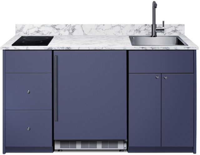 Summit® TurnKey Caldera Kitchen 63" Midnight Navy Kitchenette with 5 Cu. Ft. Undercounter the Refrigerator, Induction Cooktop and Sink with Faucet-1