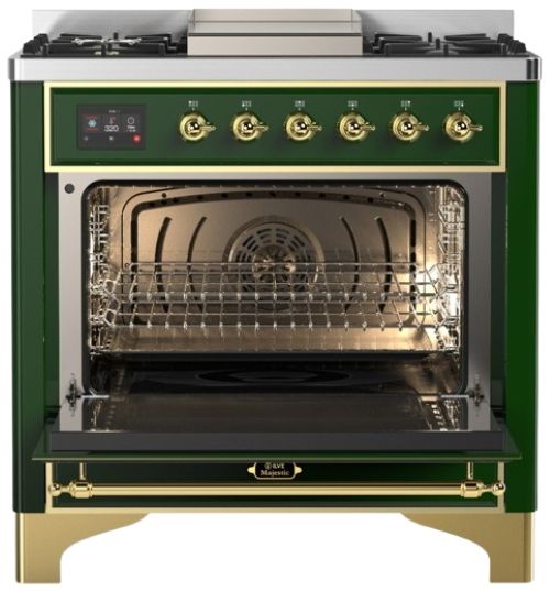 Ilve® Majestic III 36" Emerald Green Pro Style Dual Fuel Natural Gas Range with Solid Door and Brass Trim-1