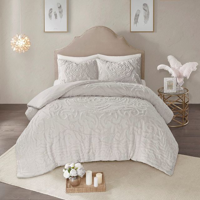 Olliix by Madison Park Grey Full/Queen Laetitia Tufted Cotton Chenille Medallion Comforter Set-0