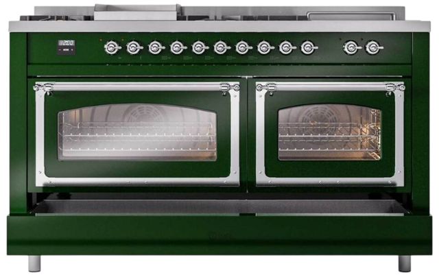 Ilve® Nostalgie II Noblesse 60'' Emerald Green Pro Style Dual Fuel Range with Chrome Trim-3