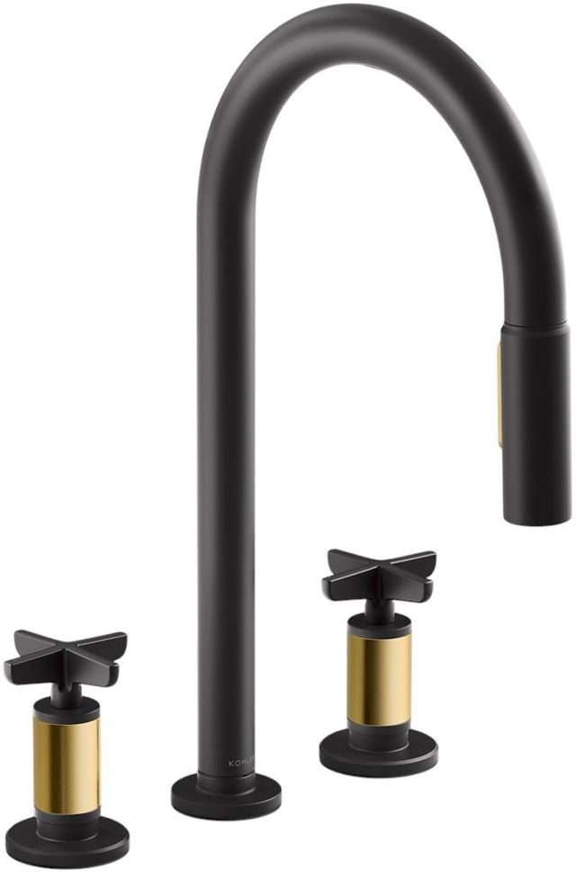 KOHLER® Billet® Matte Black with Brushed Moderne Brass Touchless Kitchen Sink Faucet with 2-Function Sprayhead-0