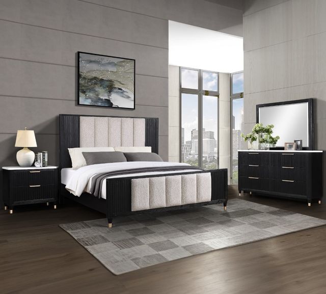 Crown Mark Kara Beige/Black Queen Upholstered Panel Bed-1
