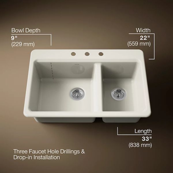 KOHLER® Riverby® Biscuit 33" 3-Faucet Hole Top-Mount Double-Bowl Kitchen Sink-3