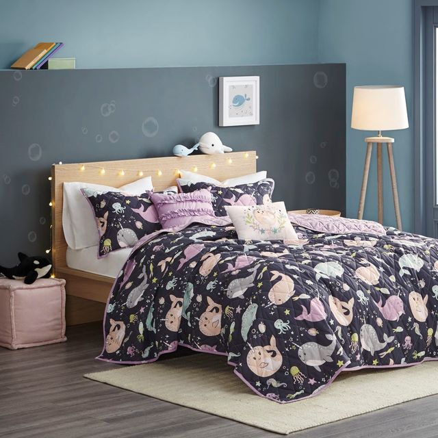 Olliix by Urban Habitat Kids Magical Narwhals Cotton Reversible Purple Multi Full/Queen Coverlet Set-4