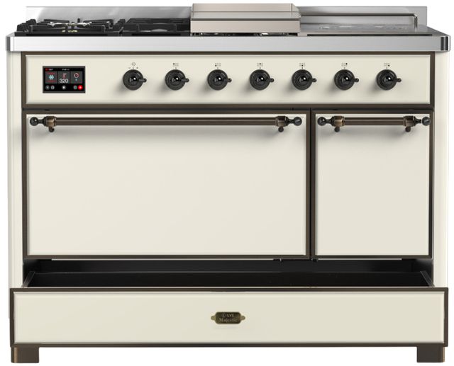 Ilve® Majestic III 48" Antique White Pro Style Dual Fuel Natural Gas Range with 5 Black Brass Burners and Burnished Trim-1