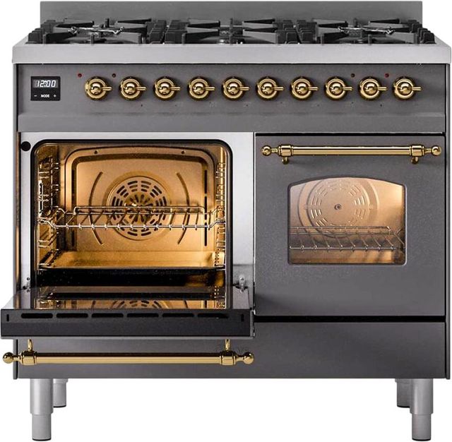 Ilve® Nostalgie II 40" Graphite Matte Pro Style Dual Fuel Range with Brass Trim-2
