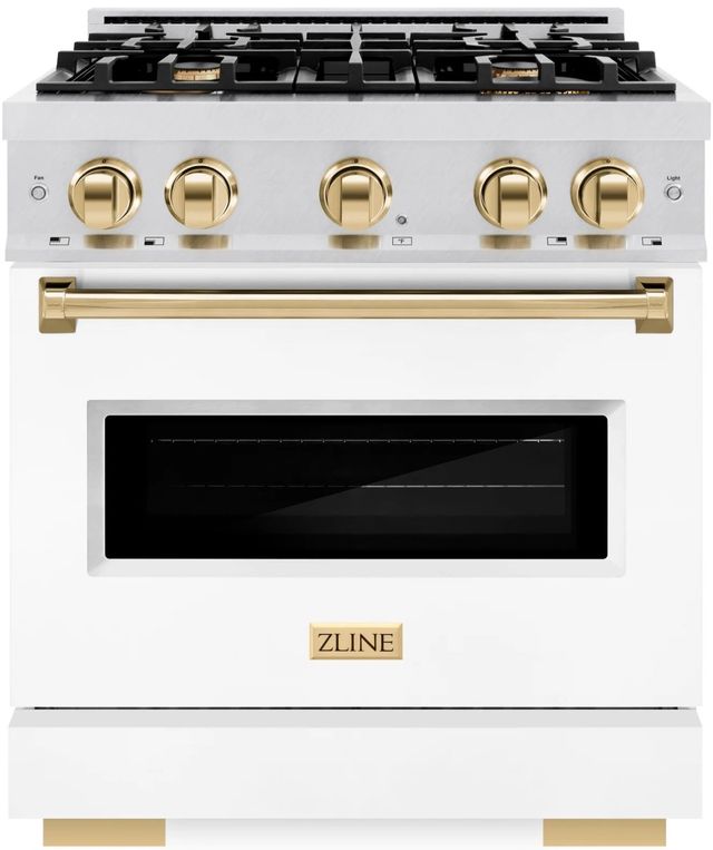 ZLINE Classic Autograph Edition 30" Satin Stainless Steel Pro Style Dual Fuel Range with White Matte Door and Polished Gold Accents-0