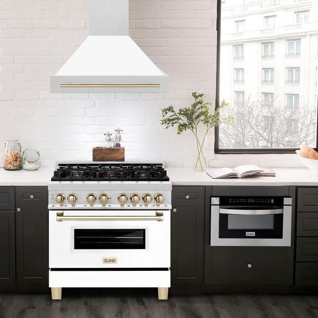 ZLINE Autograph Edition 36" White Matte Wall Mounted Range Hood with Polished Gold Trim-1