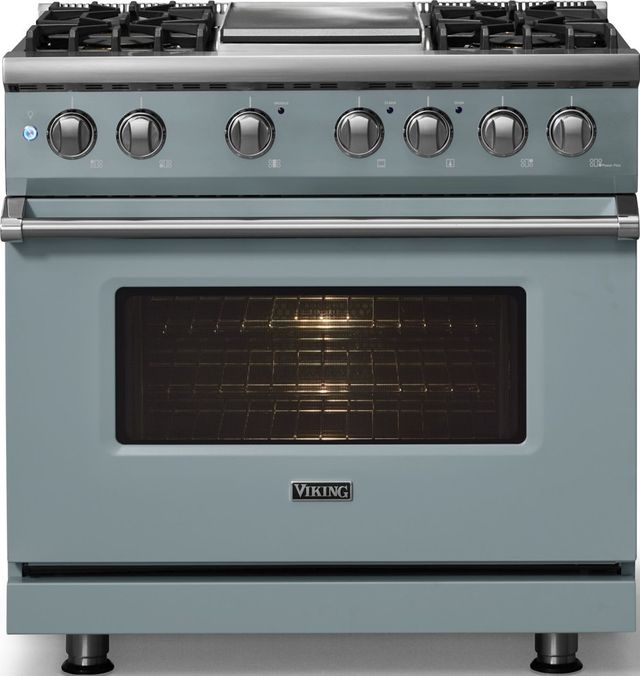Viking® 5 Series 36" Novembery Sky Pro Style Dual Fuel (NG) Range with Polished Chrome Trim-2