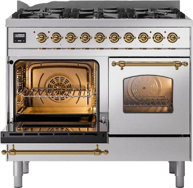 Ilve® Nostalgie II 40" Stainless Steel Pro Style Dual Fuel Range with Brass Trim-2