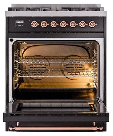 Ilve® Nostalgie II Noblesse 30" Glossy Black Pro Style Dual Fuel Range with Brass Trim-2