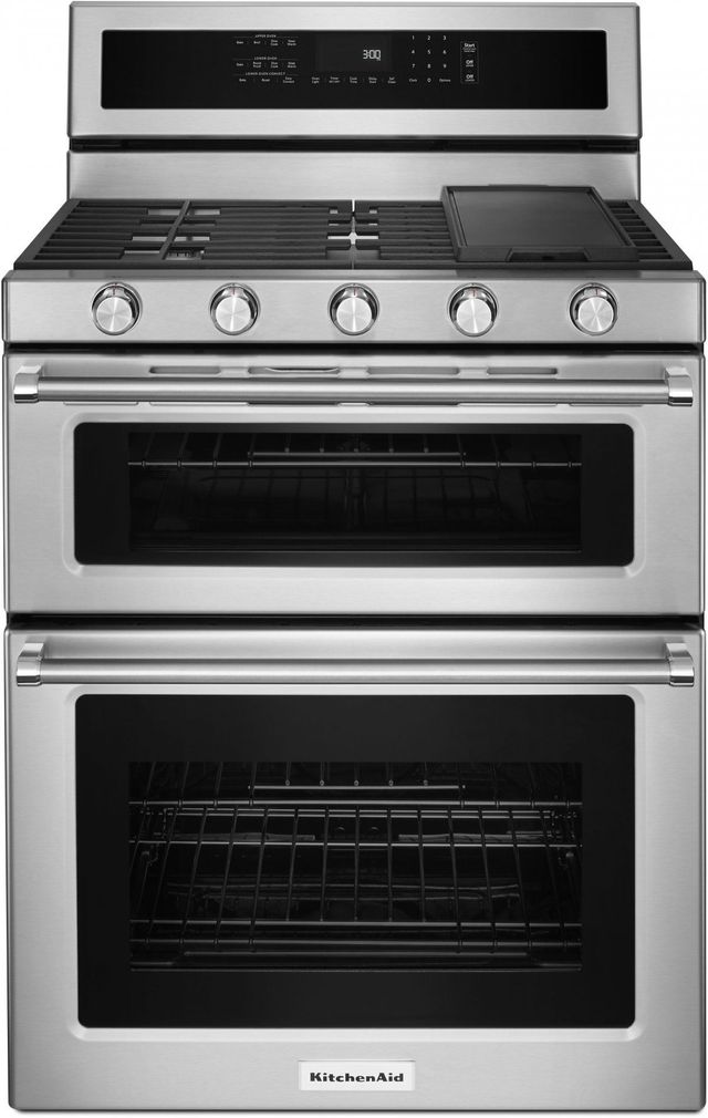 KitchenAid® 30" Stainless Steel Freestanding Gas Double Oven Range-1