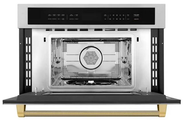 ZLINE Autograph Edition 30" 1.6 Cu. Ft. Stainless Steel Built-in Convection Microwave Oven with Polished Gold Helix Handle-4