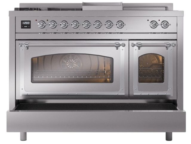 Ilve® Nostalgie II Noblesse 48'' Stainless Steel Pro Style Dual Fuel Range with Chrome Trim-3