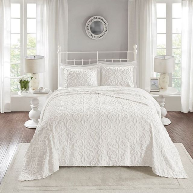 Olliix by Madison Park White Full/Queen Sabrina 3 Piece Tufted Cotton Chenille Bedspread Set-0