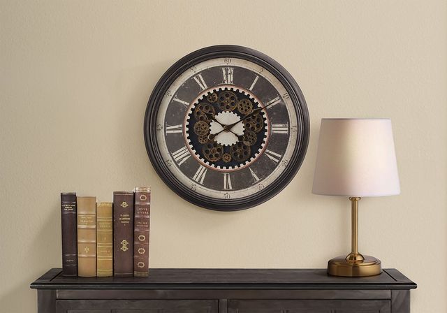 Monarch Specialties Inc. Brown 23" Round Wall Clock with Roman Numerals on Beige/Black Background an-2