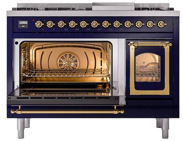 Ilve® Nostalgie II Noblesse 48'' Midnight Blue Pro Style Dual Fuel Range with Brass Trim-3
