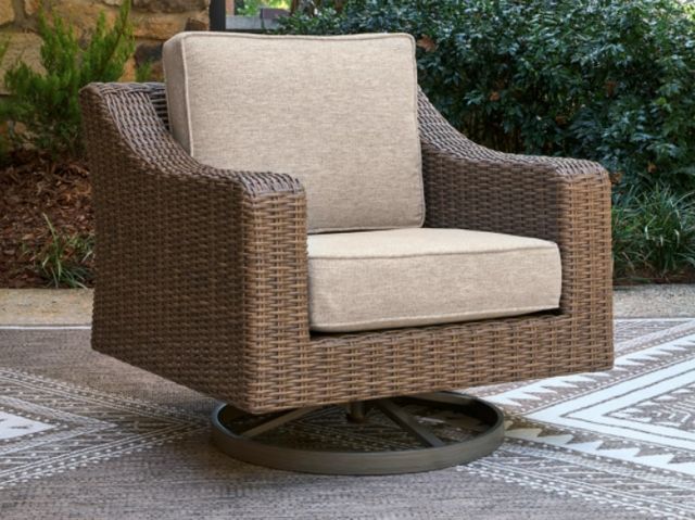 Signature Design by Ashley® Laguna Heights Beige/Gray Fabric/Wicker Rattan Outdoor Swivel Lounge-1