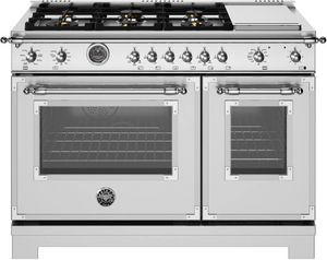 Front view of the Bertazzoni Heritage Series 48" Fingerprint Resistant Stainless Steel Pro Style Dual Fuel Range