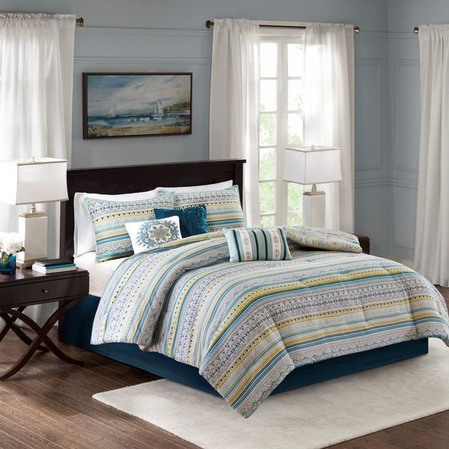 Olliix by Madison Park 7 Piece Teal Queen Mercia Reversible Cotton Sateen Comforter Set-3