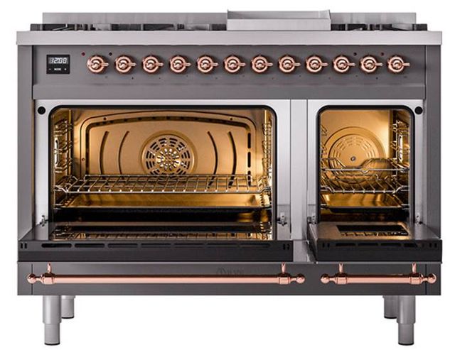 Ilve® Nostalgie II Noblesse 48'' Graphite Matte Pro Style Dual Fuel Range with Copper Trim-2