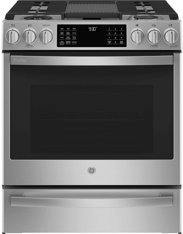 GE Profile™ 30" Fingerprint Resistant Stainless Steel Smart Slide-In Dual Fuel Natural Gas Range with No Preheat Air Fry and Convection-1