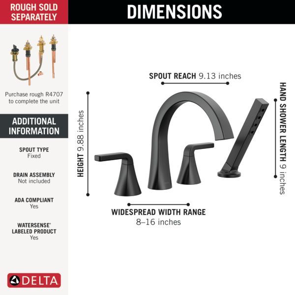 Delta Lineax™ Matte Black Roman Tub Trim with Hand Shower-2