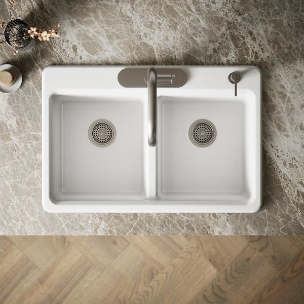 KOHLER® Riverby® White 33" 4-Faucet Hole Top-Mount Double-Equal Bowl Kitchen Sink-2