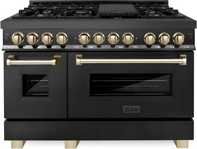ZLINE Autograph Edition Legacy 48" Black Stainless Steel Pro-Style Dual Fuel Range with Two Electric Ovens and Polished Gold Accents-0