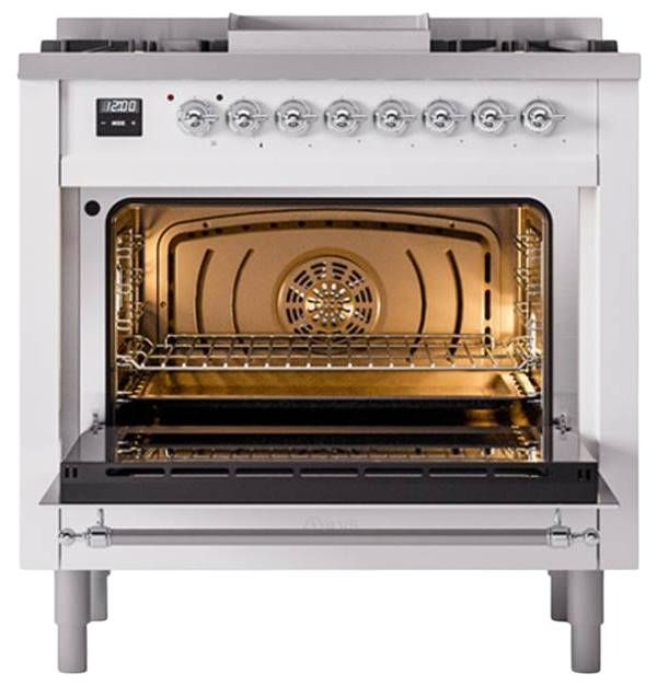 Ilve® Nostalgie II Noblesse 36'' White Pro Style Dual Fuel Range with Chrome Trim-1