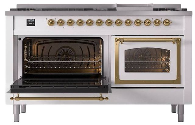 Ilve® Nostalgie II Noblesse 60'' White Pro Style Dual Fuel Range with Brass Trim-3