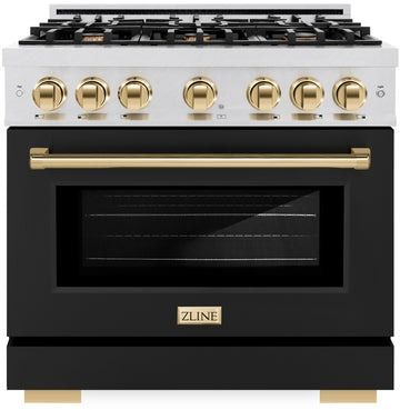 ZLINE Autograph Edition 36" Satin Stainless Steel Pro Style Gas Range Black Matte Door and Polished Gold Accents