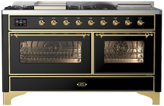 Ilve® Majestic III 60" Glossy Black Pro Style Dual Fuel Liquid Propane Range with French Top and Brass Trim-0