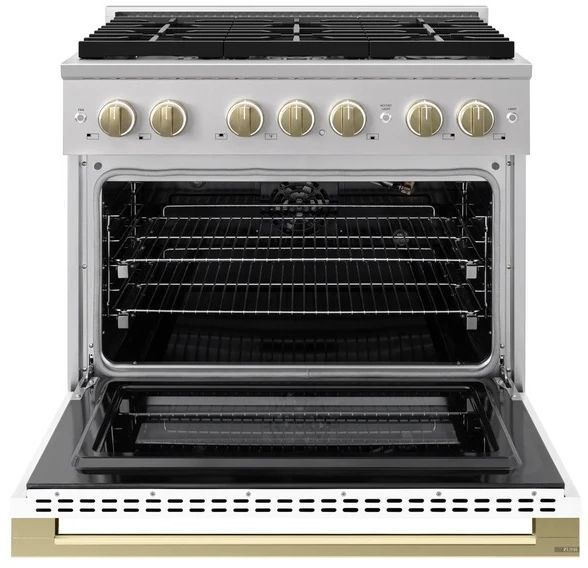 ZLINE Marino 36" Satin Stainless Steel Pro Style Gas Range with White Matte Door and Champagne Bronze Accents-1
