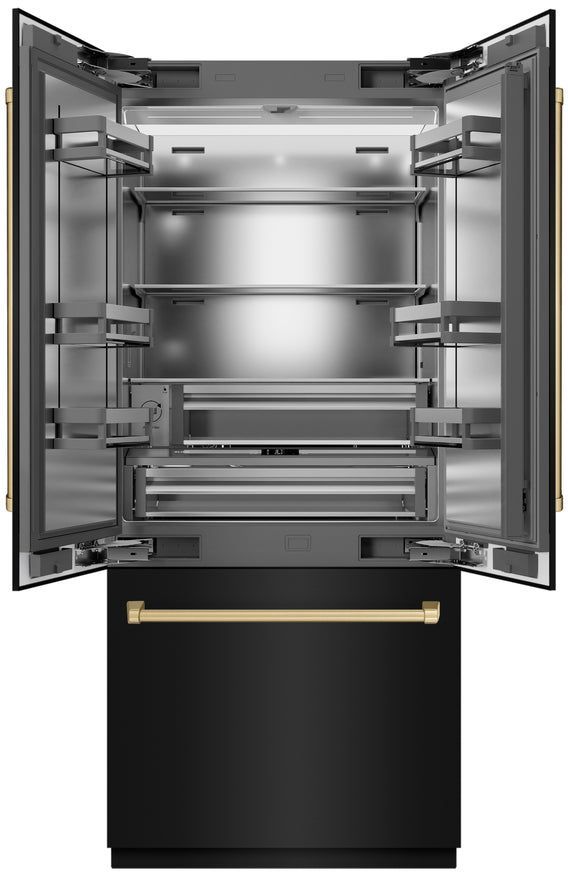 ZLINE Autograph Edition 36" 19.6 Cu. Ft. Black Stainless Steel Built-In French Door Refrigerator with Champagne Bronze Accents-2