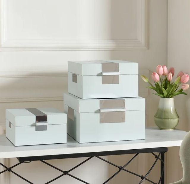 StyleCraft Norman Wyatt Home 3-Piece Brushed Silver/Spa Blue Leather Accessory Boxes-3