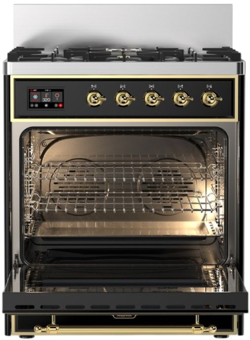 Ilve® Majestic III 30" Glossy Black Pro Style Dual Fuel Liquid Propane Range with Triple Glass Door and Brass Trim-2