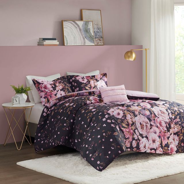 Olliix by Intelligent Design Gabriella Black Twin/Twin XL Floral Printed Comforter Set-0